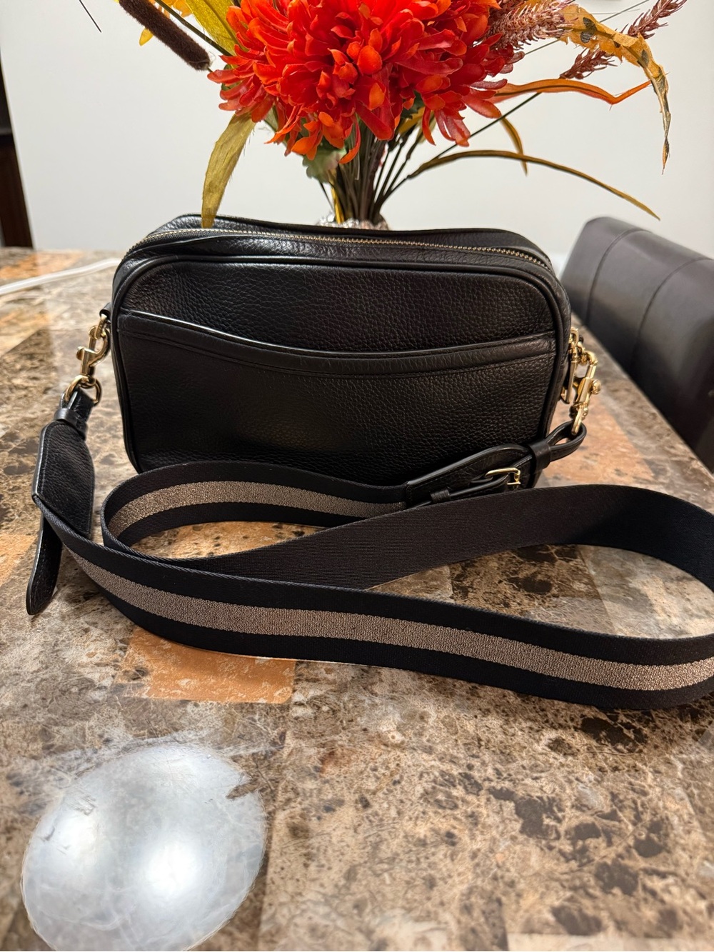 Coach Black Pebbled Leather Crossbody with Striped Strap - Picture 2 of 9